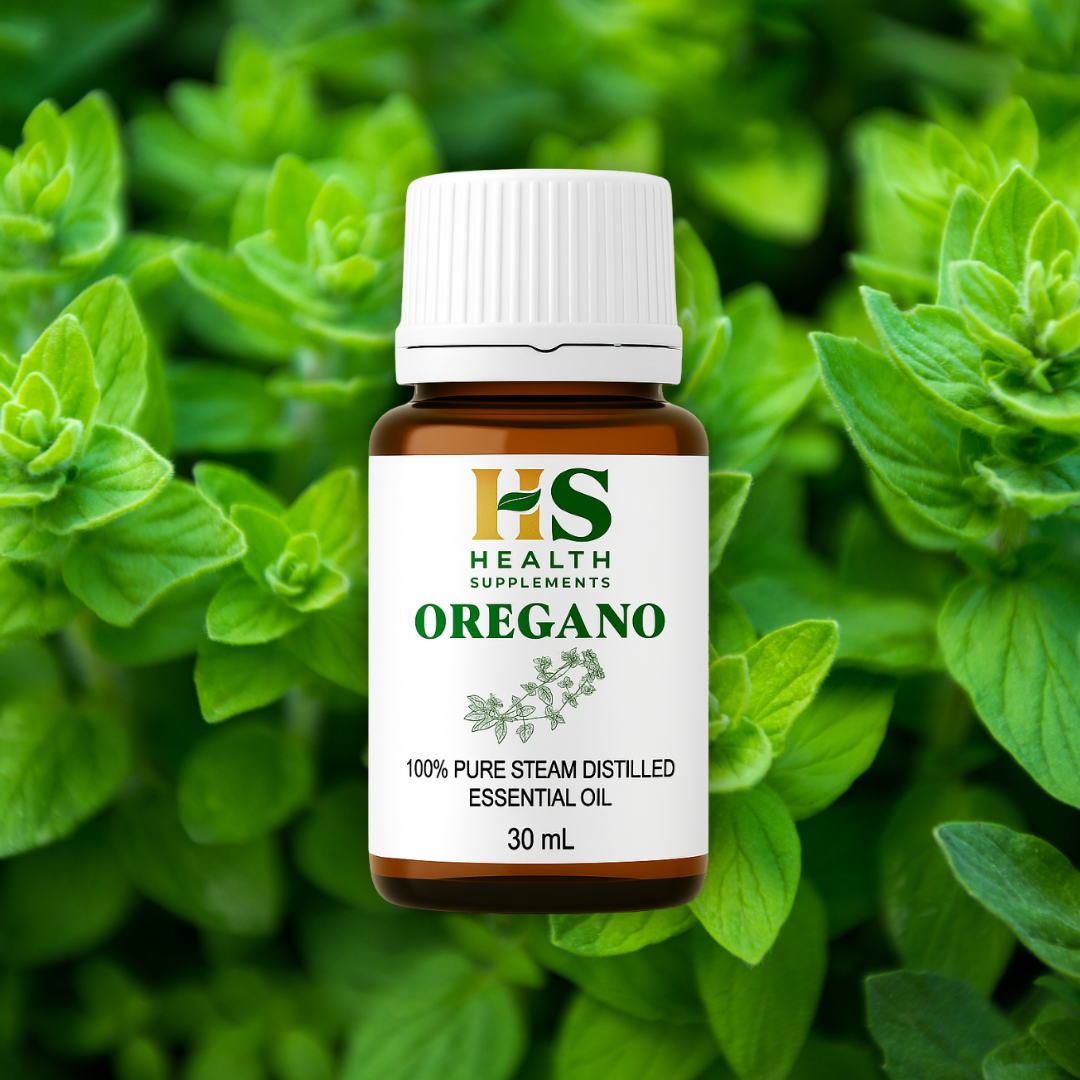 Oregano essential oil bottle with green leaves in the background