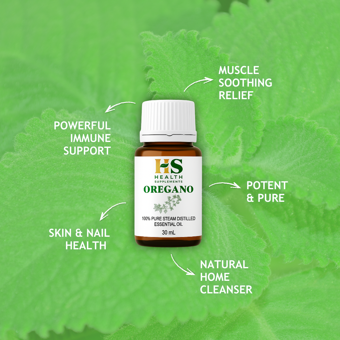 Oregano essential oil bottle with health benefits on a green leaf background