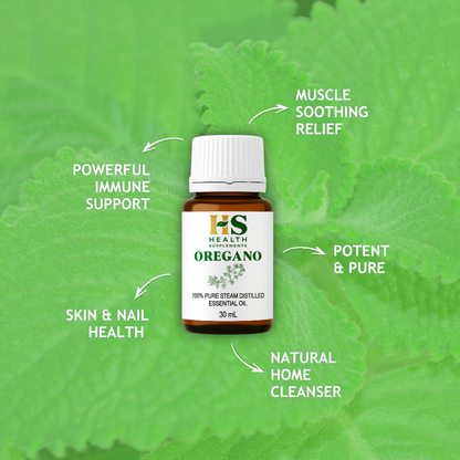 Oregano essential oil bottle with health benefits on a green leaf background
